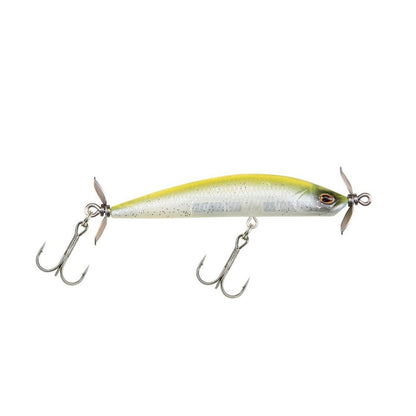 Introducing the Berkley SPY Spinbait, designed specifically for clear water fishing. This lure boasts a striking silver and yellow body and is equipped with two treble hooks at the bottom. Enhanced with realistic eye details and small propellers, it offers genuine spybait action to attract your next catch.