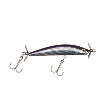 The Berkley SPY Spinbait, made by Berkley, is a silver fishing lure designed in a fish-like shape. It features spybait action ideal for clear water fishing and is equipped with two treble hooks and small propellers at both ends to enhance its attractiveness to fish.