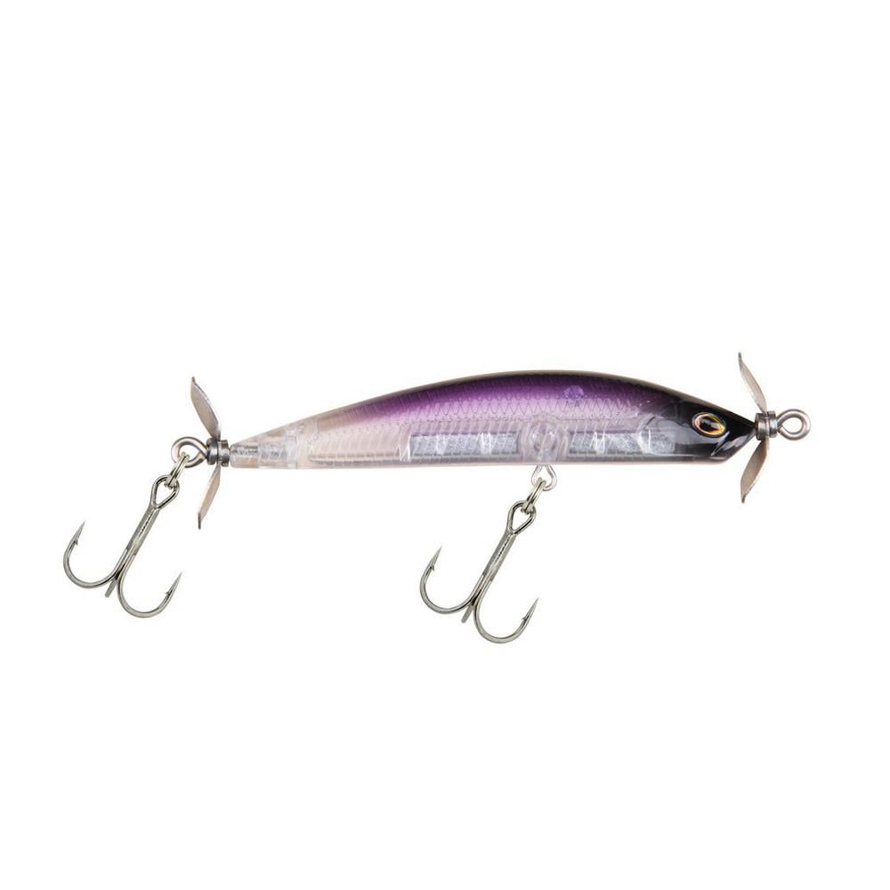 The Berkley SPY Spinbait by Berkley is a fishing lure designed with a streamlined, aquatic appearance that transitions from a purple gradient to white. It is equipped with two treble hooks and has small metal propellers on each end, making it ideal for spybait techniques in clear water environments.