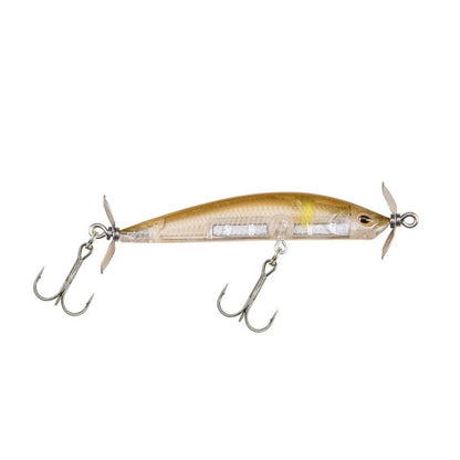 The Berkley SPY Spinbait by Berkley is a brown and transparent fishing lure featuring silver hooks and a sleek, streamlined body. Perfect for clear water fishing, it includes two sets of sharp treble hooks and small propellers at each end to replicate spybait action and mimic the look of a small fish.