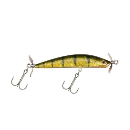 The Berkley SPY Spinbait by Berkley is a lifelike fishing lure that mimics the appearance of a small fish, making it ideal for fishing in clear water. It boasts a green and yellow body accented with black stripes, equipped with two treble hooks and metal spinners on each end to enhance its spybait action.