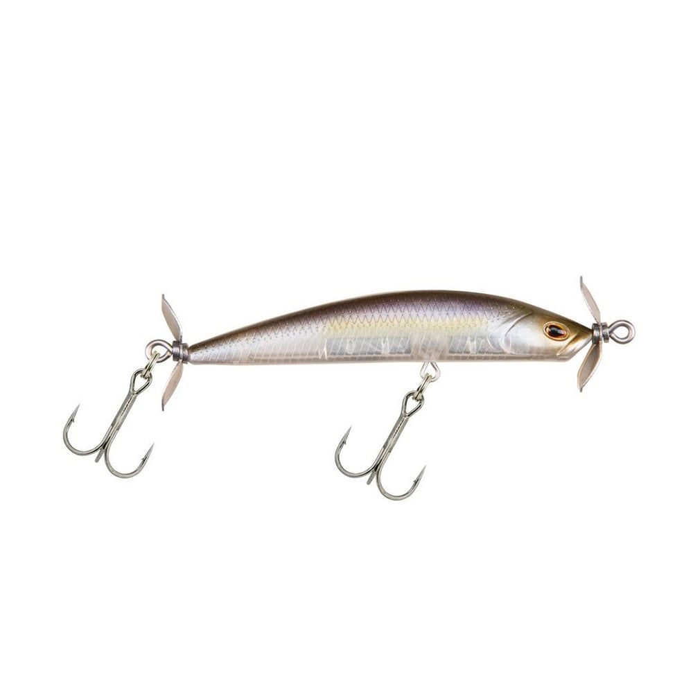 The Berkley SPY Spinbait by Berkley is a fishing lure crafted to mimic the appearance of a small fish with its sleek silver body, making it ideal for fishing in clear water. It includes two sets of treble hooks and has propeller-like fins on both ends to provide an enticing spybait action.