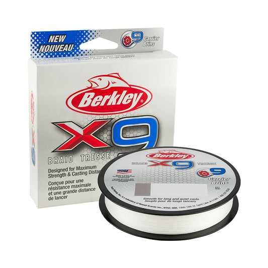 A package and spool of Berkley x9 Braid fishing line from Berkley, made with PE fibers. The packaging emphasizes features such as "Maximum Strength & Casting Distance" for optimal durability. The spool displays the line, expertly designed to improve fishing performance.