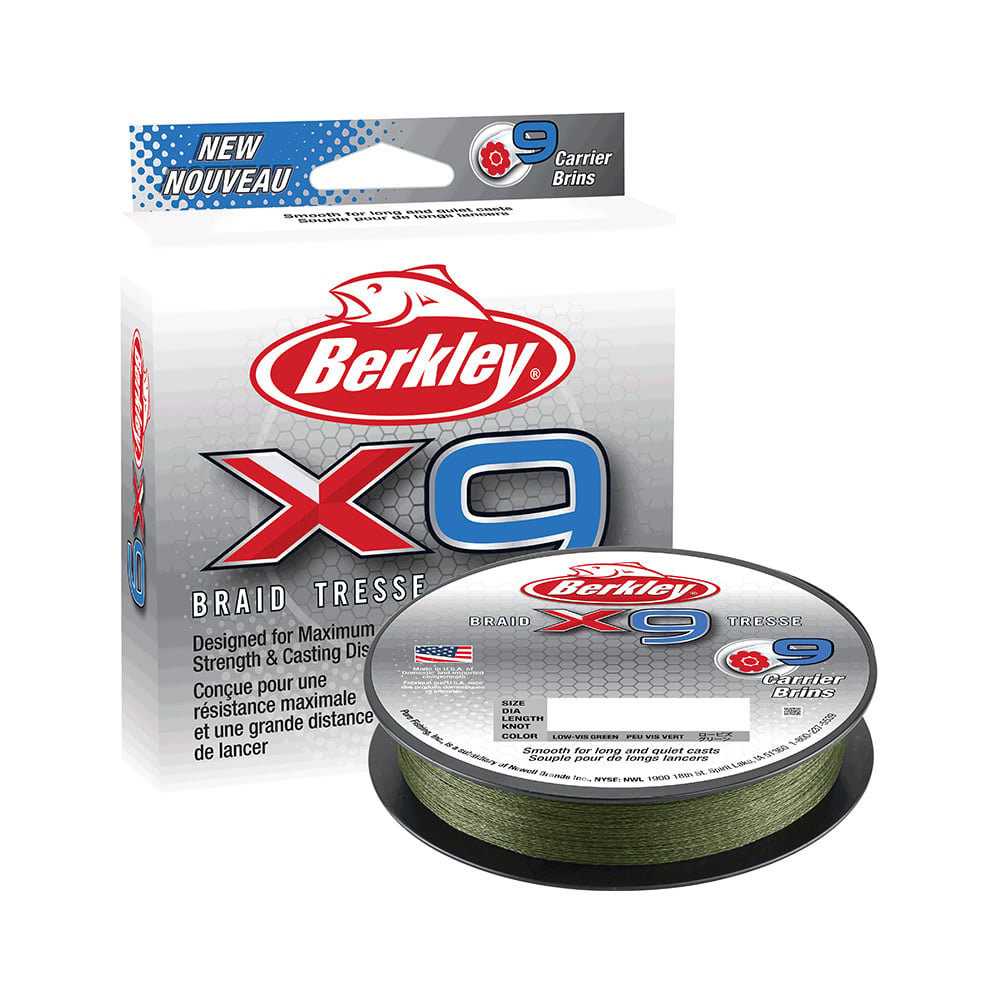 The image showcases the Berkley x9 Braid packaging and spool. The box, featuring a red and white design, prominently displays "X9." The spool contains green fishing line made with PE fibers for superior strength. Text on the box highlights improved casting distance and durability.