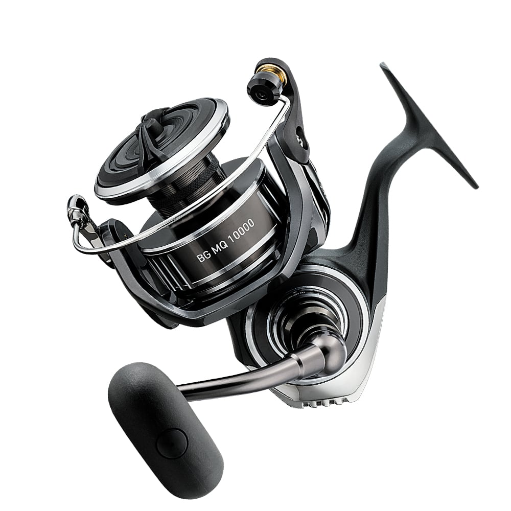 The Daiwa BG MQ 10000-H Spinning Reel in black and silver is ideal for saltwater fishing, featuring a sleek design with a large spool and sturdy, comfortable handle. The modern construction and superior functionality make this reel stand out.