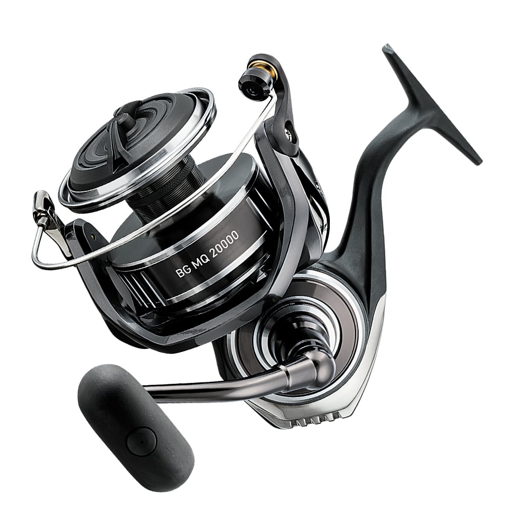 The Daiwa BG MQ 20000 5.3:1 Spinning Reel is featured on a white backdrop, highlighting its black and silver design ideal for saltwater anglers. It has multiple gears and a black grip handle, with "BGMQ20000" clearly marked on the side.