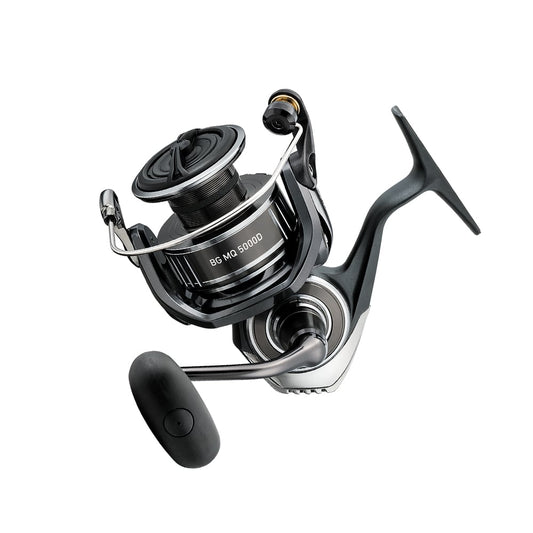 This image features the sleek Daiwa BG MQ 5000D-H Spinning Reel by Daiwa. The black and silver design showcases a large spool labeled "BGMQ5000D-H," with a smooth handle and sturdy grip. Its monocoque body adds a modern touch, making it perfect for spinning fishing rods.