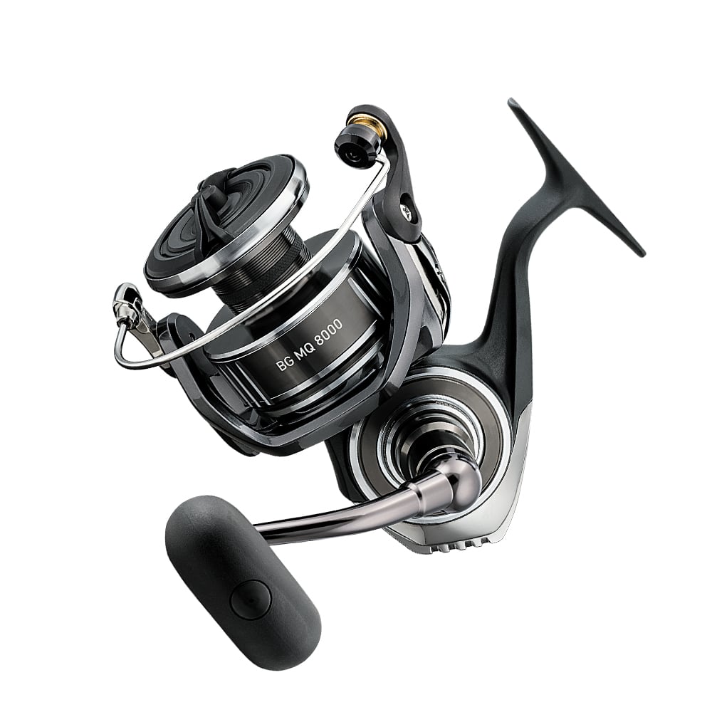 The Daiwa BG MQ 8000-H 5.7:1 Spinning Reel (BGMQ8000-H) features cutting-edge monocoque body technology with a black and silver design, sturdy handle, and detailed components, showcasing exceptional construction.