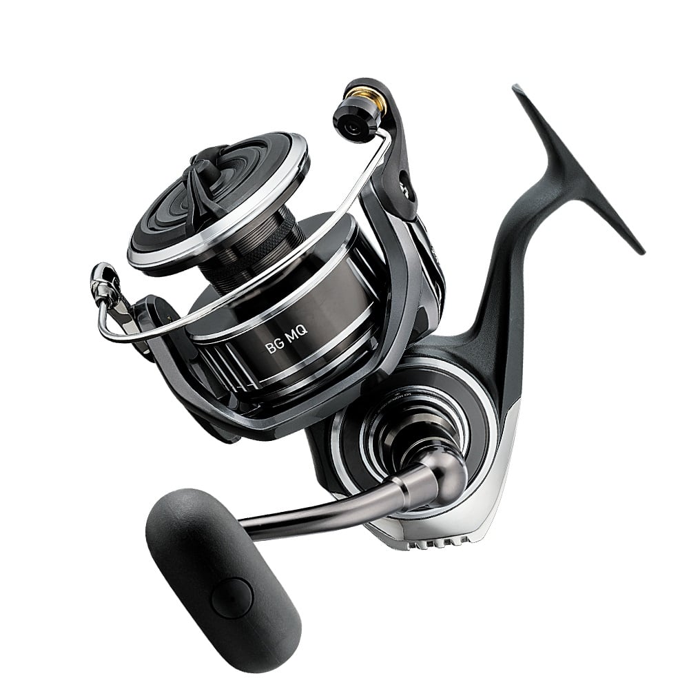 The Daiwa BG MQ 14000-H Spinning Reel, BGMQ14000-H, boasts a striking black and silver monocoque body with a large spool and ergonomic handle, presented against a white background.