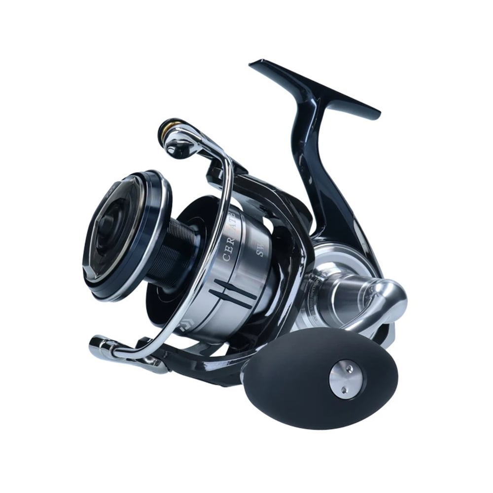 Close-up of the Daiwa Certate SWG8000-H spinning reel featuring a sleek black and silver design. Its prominent handle boasts a large, round grip. This saltwater fishing essential combines a polished finish with intricate detailing, blending functionality and style.