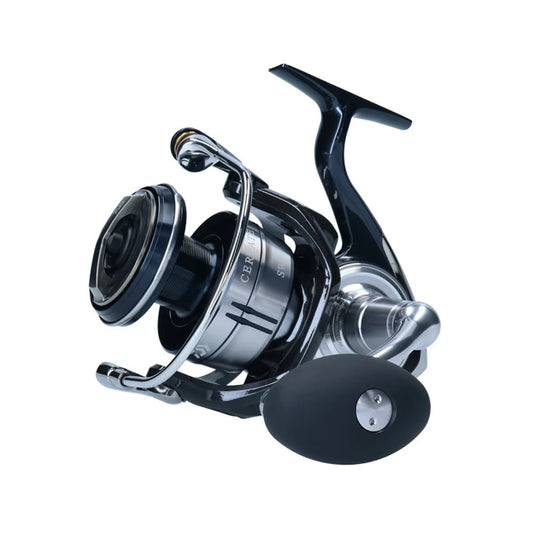 The Daiwa Certate SW Spinning Reel, model CERTATESWG14000-XH, showcases a sleek black and silver design with a large matte black handle and metallic details, ideal for pursuing saltwater species.