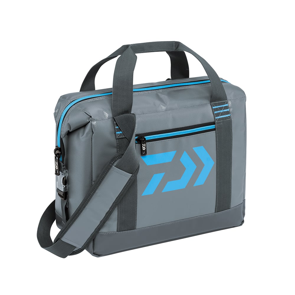 The Daiwa D-Vec Soft Sided Cooler is a gray shoulder bag featuring a blue zigzag logo, made from heavy-duty vinyl with black handles, a removable strap, and front zipper pocket with blue accents. Its leak-proof main compartment makes it ideal for soft-sided coolers.