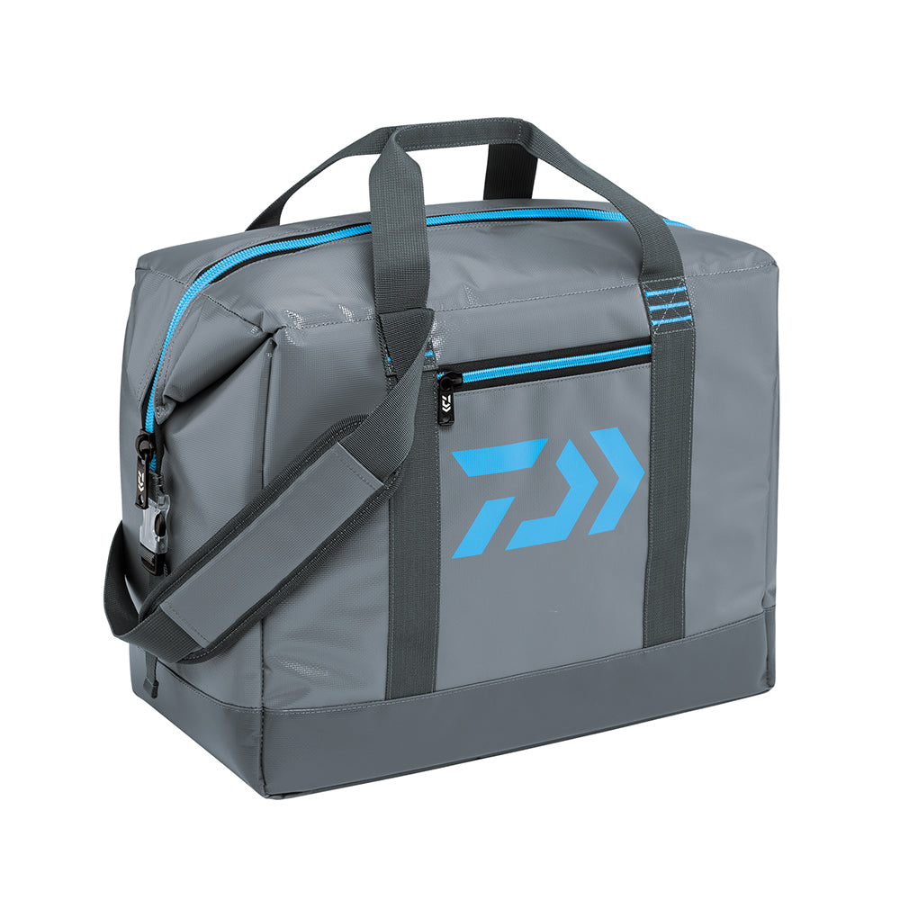 The Daiwa D-Vec Soft Sided Cooler from Daiwa is a gray rectangular bag with blue zippers and accents. It includes a front pocket with a blue pattern, top handle, and adjustable shoulder strap. Made from durable fabric, it features a leak-proof liner for modern style and convenience.