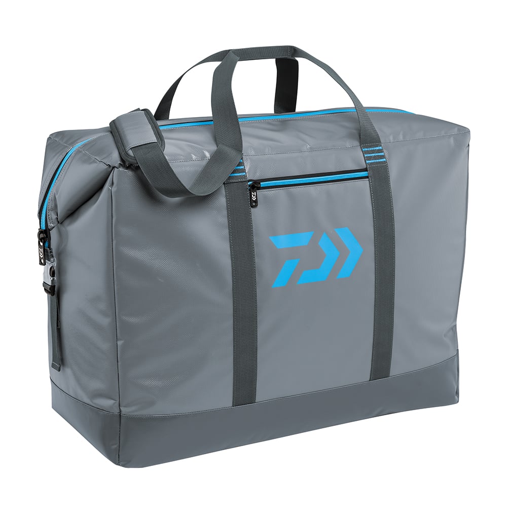 The Daiwa D-Vec Soft Sided Cooler is a large, rectangular gray duffel with blue accents and logo. Made from heavy-duty vinyl, it includes a main zippered compartment, front pocket, hand straps, and a detachable shoulder strap for a sturdy appearance.