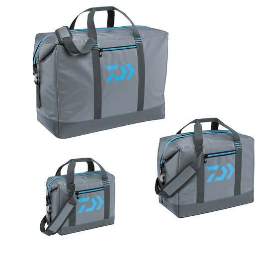 Three Daiwa D-Vec Soft Sided Coolers in gray and black, made from heavy-duty vinyl with handles and straps, feature a blue arrow logo on each side. Displayed from various angles, these coolers showcase zippers and pockets, ideal for those seeking durable storage solutions.