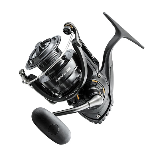 The Daiwa Eliminator Spinning Reel 3000, known as "ELIMINATOR3000," is presented. Featuring a sleek design with a round handle, wire bail, and visible branding, it boasts Digigears for seamless operation against a plain white backdrop.