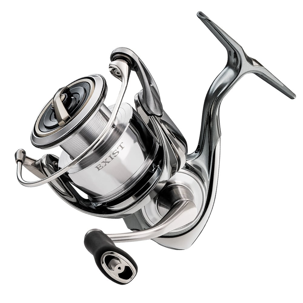 The Daiwa Exist G LT Spinning Reel 2000D-P, marked "Exist," highlights its intricate design and sleek finish featuring an Air Drive System, complemented by a smooth handle, against a white backdrop.