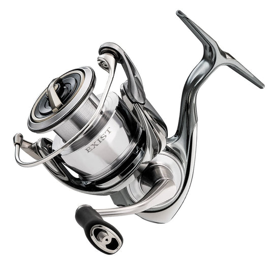 The Daiwa Exist G LT Spinning Reel 3000D 5.2:1 combines a sleek silver and black design with a labeled spool and ergonomic grip handle, enhanced by the Air Drive System for top-notch performance.