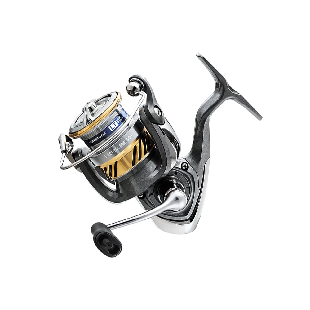 The Daiwa Laguna LT Spinning Reel 1000 (LAGUNALT1000) features a metallic finish, gold spool, and black handle. Its three-quarter view highlights the modern design and detailed components, emphasizing its lightweight yet robust construction.