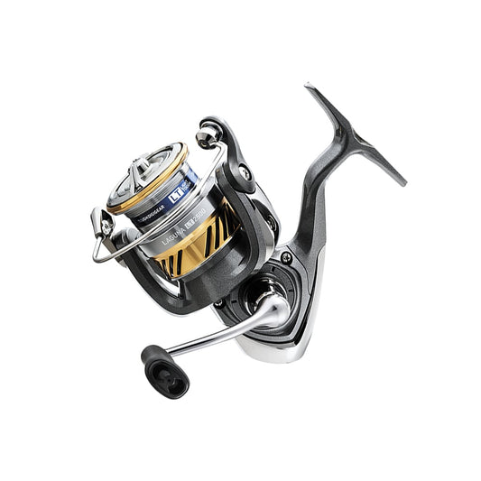 Introducing the sleek Daiwa Laguna LT Spinning Reel 3000-C from Daiwa, featuring a gold and silver spool attached to a black handle. This light and tough reel with a 5.3:1 gear ratio offers a shiny finish for your ultimate fishing experience.