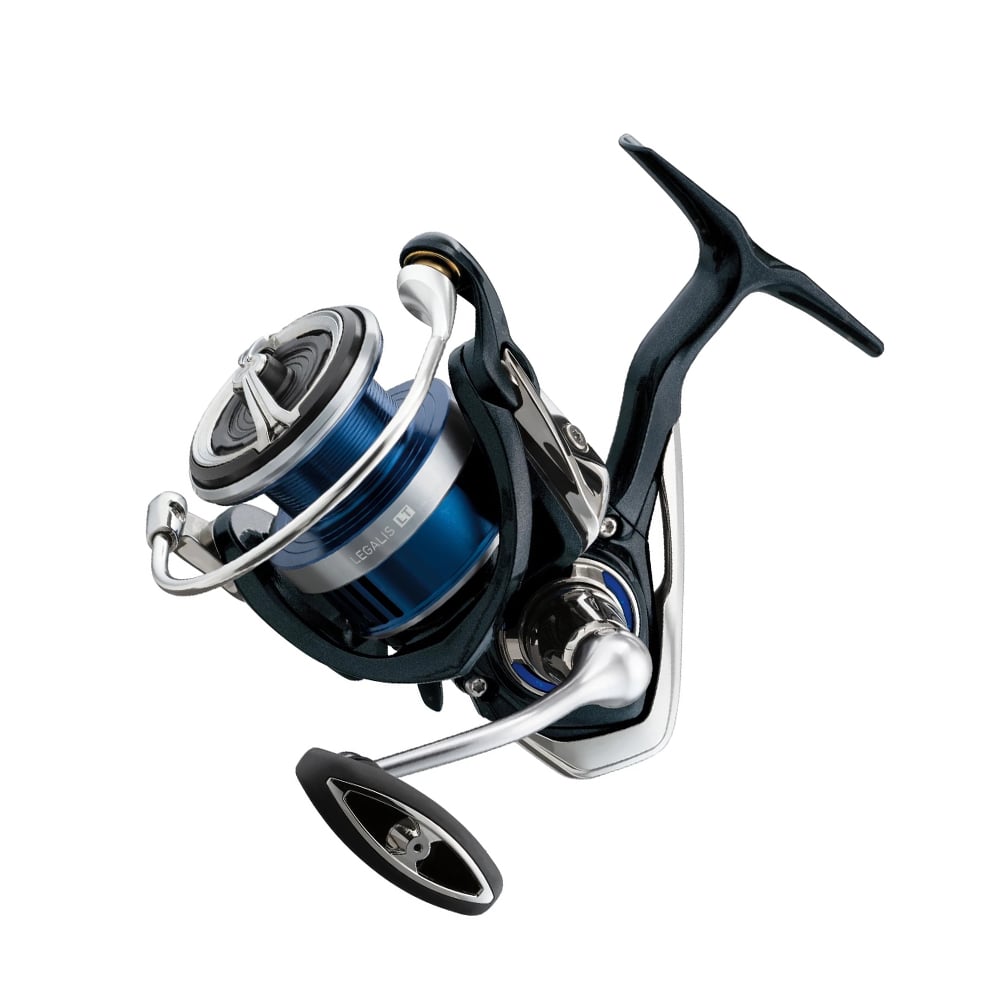 The Daiwa Legalis LT 2021 Spinning Reel 1000D (LEGLT1000D) is a sleek, modern reel with a black and metallic design, featuring a blue spool and ergonomic handle for an easy grip. Its shiny metal crank and detailed components highlight its sophisticated, functional appearance.