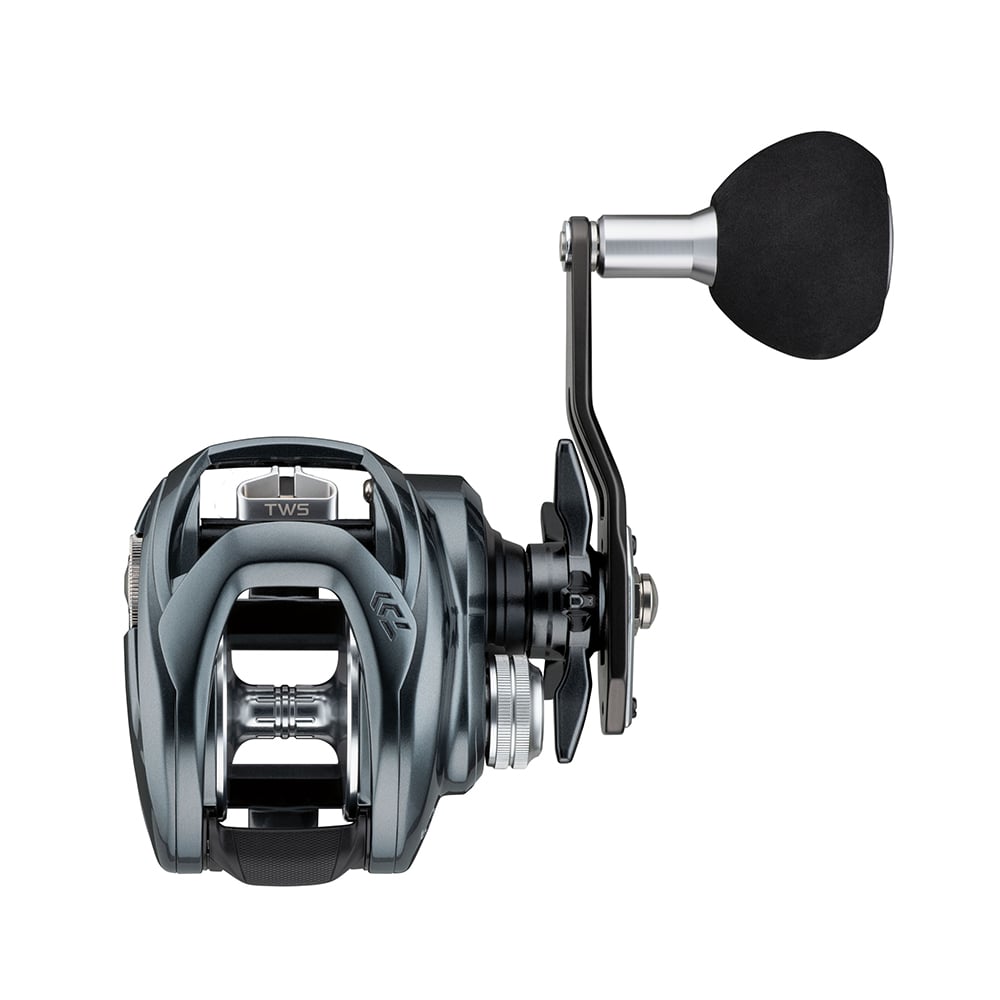 Introducing the Daiwa Lexa TW Casting Reel 300-P 6.3:1 | LX-TW300-P, a high-tech marvel with a metallic finish and ergonomic handle. Its intricate details and T-Wing System exemplify advanced engineering, ideal for saltwater fishing against a plain white backdrop.