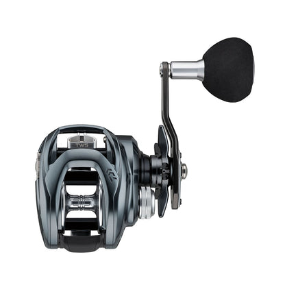 The Daiwa Lexa TW Casting Reel 300H-P 7.1:1 features a sleek, metallic design with an ergonomic handle and compact body. Its T-Wing System enables smooth operation, while the black and silver finish showcases its precision engineering. Model: LX-TW300H-P.