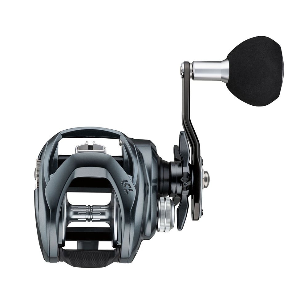 A close-up of the modern Daiwa Lexa TW Casting Reel 400P-P 5.3:1 in silver and black, showcasing its single handle and visible gears, features innovative engineering like the T-Wing System for smoother casts.