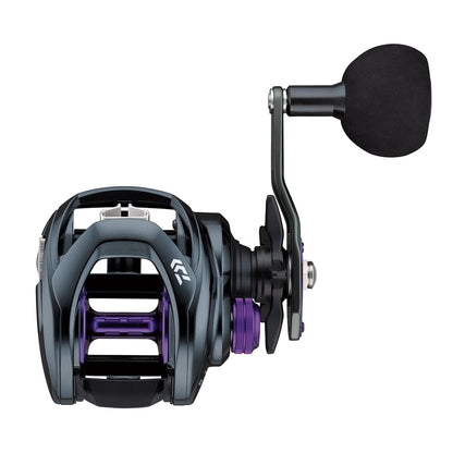 The Daiwa Prorex TW Casting Reel 5.3:1 (PRX400P-P) has a sleek black and purple design with a round handle, perfect for musky fishing. Its modern aesthetics highlight intricate details, metallic finishes, and visible gearing.