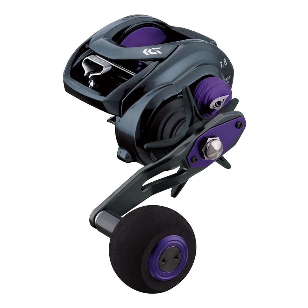 The Daiwa Prorex TW Casting Reel Left Hand 5.3:1, model PRX400PL-P, is stylishly designed for musky fishing with a large black-grip handle, visible gears, and metallic exterior. It features angular shapes and smooth finishes in a sleek black and purple design.