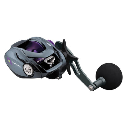 Meet the Daiwa Prorex TW Casting Reel (PRX400PL-P), a sleek baitcasting reel perfect for Musky fishing. Featuring a dark green frame, metallic accents, large round handle grip, and purple spool, its modern design is both compact and ergonomic.