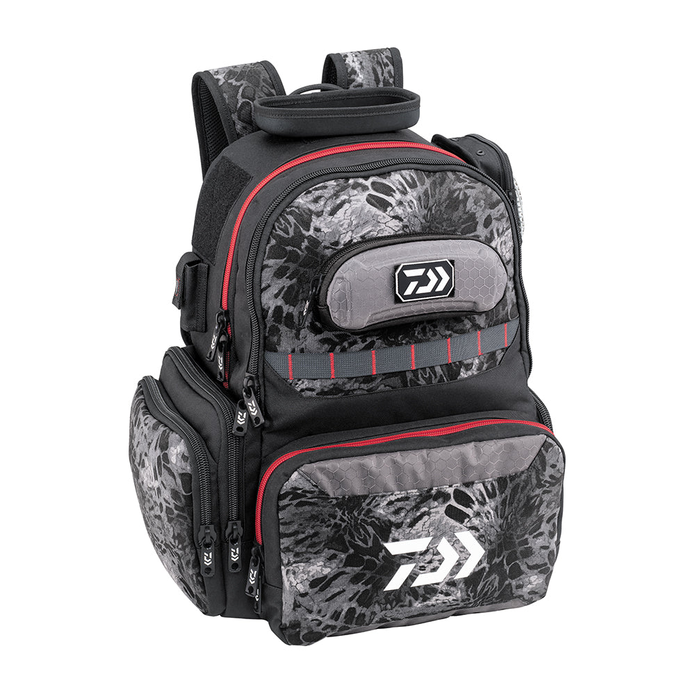 The Daiwa D-Vec Tactical Backpack, in black and gray with red accents and abstract patterns, features multiple zippered compartments, a utility box system, padded straps for comfort, and the Daiwa logo on the front pocket. Perfect for those who trust Daiwa backpacks.