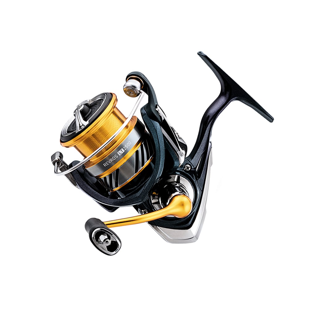 The Daiwa Revros LT 3000 (REVLT3000D) spinning reel features a sleek metallic body with black and gold accents. Its advanced LT Concept design makes the detailed winding handle pop against a white backdrop.