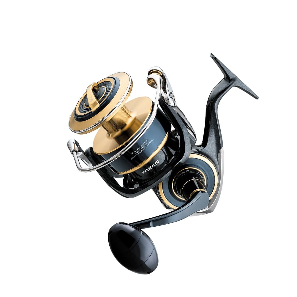 The Daiwa Saltiga Spinning Reel 8000H 5.8:1 boasts a sleek black and gold design with a shiny monocoque body, handle, and spool. The brand logo is prominent on the side, set against a plain white background, making it ideal for saltwater adventures. Model: SALTIGAG8000H.