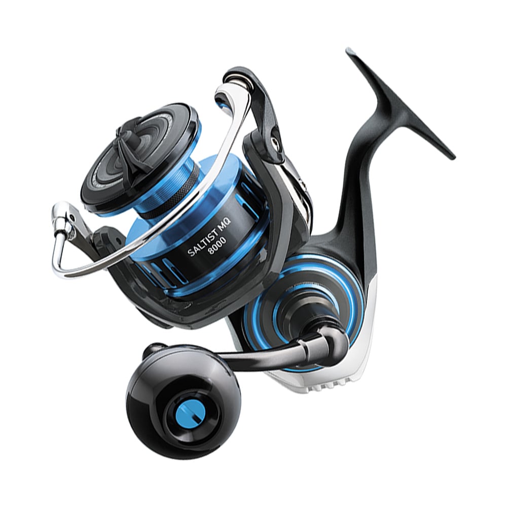 The Daiwa Saltist MQ Spinning Reel 8000H boasts a sleek black and blue design with a modern aerodynamic look. The durable Monocoque Body enhances its appeal, with "Saltist MQ 8000" elegantly inscribed on the side.