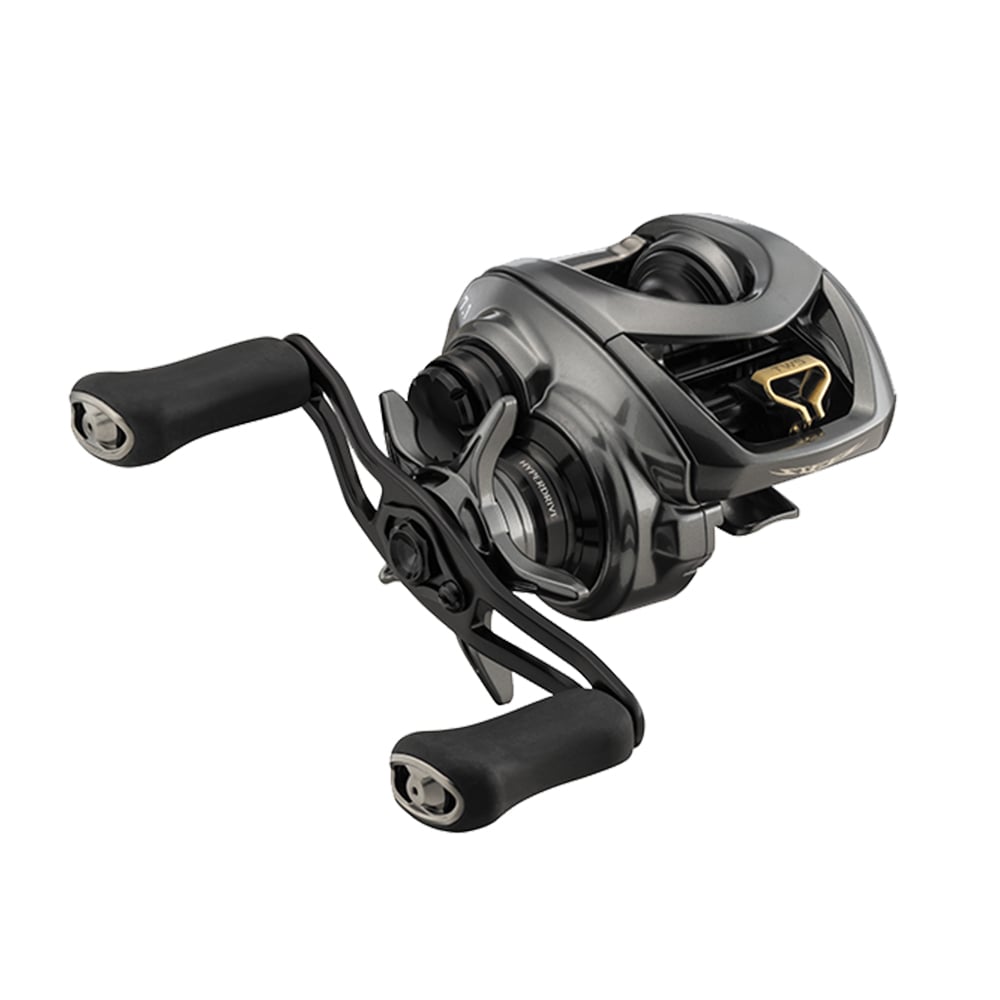 The Daiwa Steez CT SV TW 70 Casting Reel 7.1:1 (STZCTSV70H) in black features dual handles with grip knobs, metallic accents, and intricate detailing that complement its Hyper Drive Design for exceptional performance.