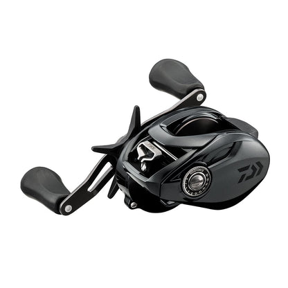 The Daiwa Tatula 300H 6.3:1 casting reel features a sleek black design with dual handles, a glossy finish, and metallic dial. Enhanced with an advanced T-Wing System for superior line control, it's an ideal choice for serious anglers.