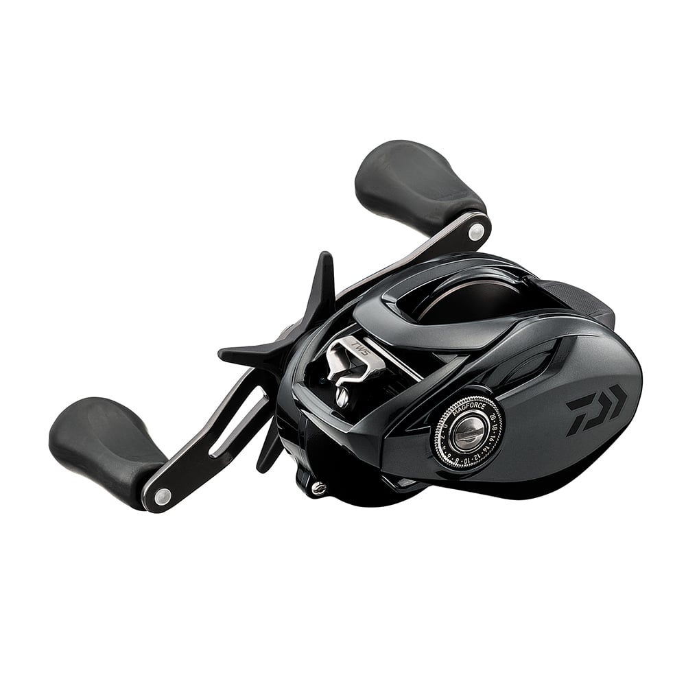 Introducing the Daiwa Tatula 300HS 7.1:1 Casting Reel, a sleek black reel with two curved handles and a compact body. This modern design features a dial, shiny metallic elements, and engraved patterns, ideal for targeting big bass baits.