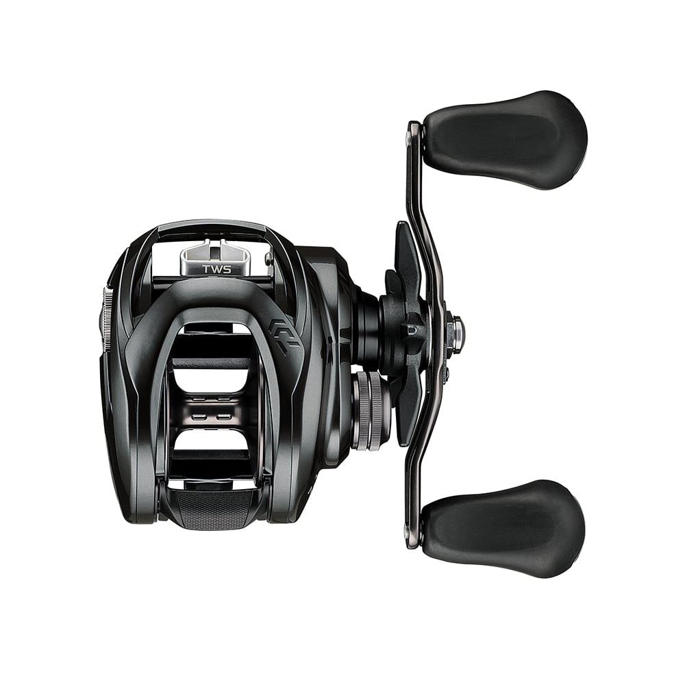 The Daiwa Tatula 300H 6.3:1 Casting Reel | TTU300H by Daiwa is a black and silver reel with two ergonomic handles, sleek design, visible components, and gears in a compact metal structure featuring an advanced T-Wing System against a white background.