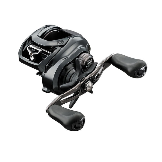 Introducing the Daiwa Tatula 300HL 6.3:1 Left Hand Casting Reel in black and silver, featuring ergonomic handles. With its sleek, modern design and T-Wing System for enhanced line control, it embodies advanced craftsmanship and technology.