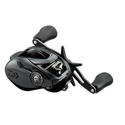 The Daiwa Tatula 300HL 6.3:1 left-hand casting reel, model TTU300HL, boasts a sleek black design with two ergonomic handles and a smooth finish. Featuring an innovative T-Wing System and visible adjustment dial, it's ideal for baitcasting enthusiasts seeking precision.