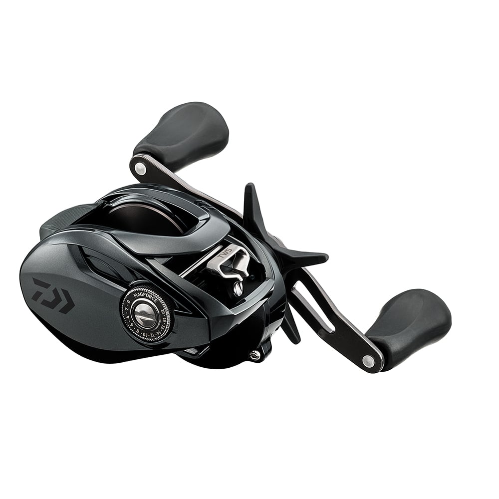 The Daiwa Tatula 300HSL 7.1:1 Left Hand Casting Reel (TTU300HSL) boasts a sleek black and silver design with two handles, visible brand markings, and side dials. Ideal for swimbaits, this modern casting reel offers excellent precision and style.