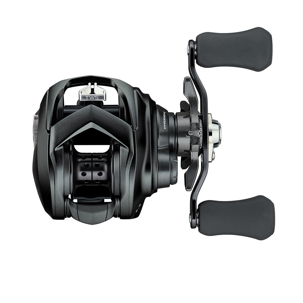 The Daiwa Tatula 80 Casting Reel (TTU80), featuring a matte black finish and compact design, includes two ergonomic handles and a visible TWS guide system. Its Hyperdrive gearing system enhances both its sleek, modern look and functionality.