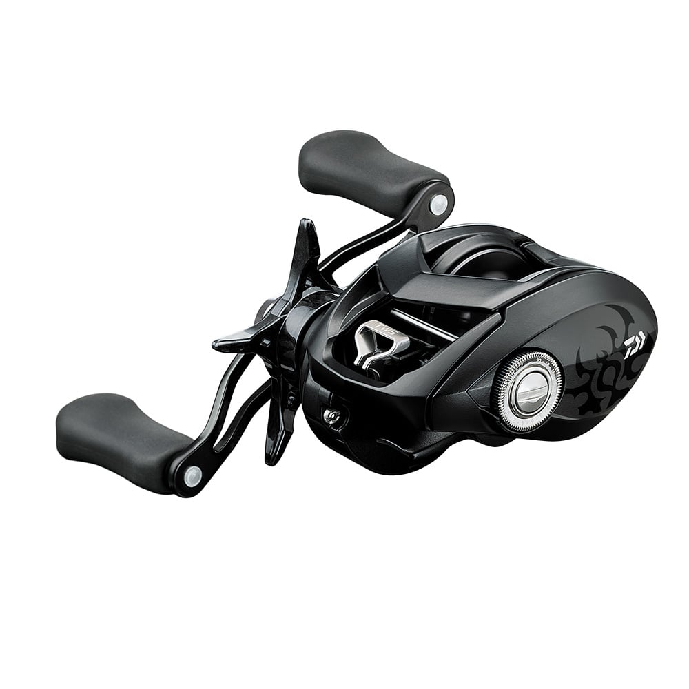 The Daiwa Tatula 80 Casting Reel (TTU80), by Daiwa, offers a sleek design with two ergonomic handles. It features the Hyperdrive gearing system, a circular adjustment knob, and decorative accents, ensuring stylish performance.