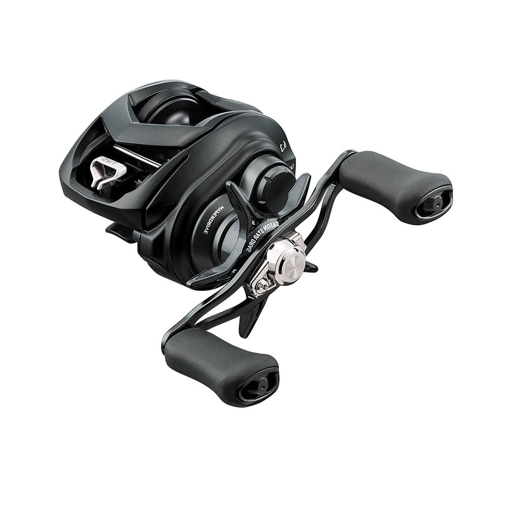 The Daiwa Tatula 80 Casting Reel 8.1:1 Left Hand (TTU80XHL) by Daiwa offers a sleek black design with innovative T-Wing System, ergonomic handles, and a compact body. Precision-engineered metal components provide premium performance and padded comfort from any angle.