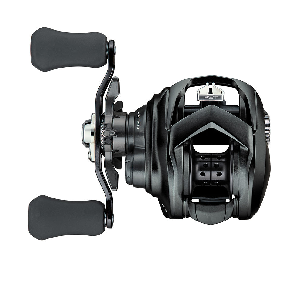 The Daiwa Tatula 80 Casting Reel 7.1:1 Left Hand (TTU80HL) features ergonomic handles and a sleek black design with the Magforce Casting System and a visible tension adjustment knob, emphasizing its sturdy frame for optimal functionality and durability.