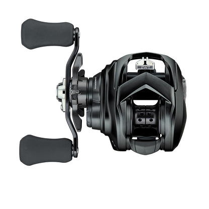 A Daiwa Tatula 80 Casting Reel (8.1:1, Left Hand) in black is seen from above. Its ergonomic handles and modern design emphasize advanced engineering, featuring detailed grooves, a sturdy build, and the T-Wing System for optimal casting performance.