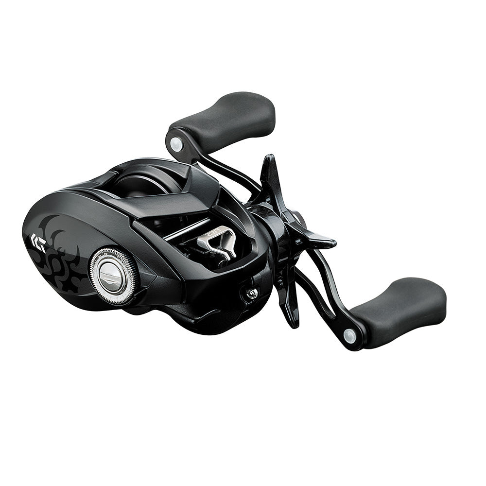 The Daiwa Tatula 80 Casting Reel 7.1:1 Left Hand | TTU80HL features ergonomic grips, a streamlined design with a detailed pattern, and a metallic knob. It boasts advanced engineering through its Magforce Casting System, making it ideal for efficient fishing.