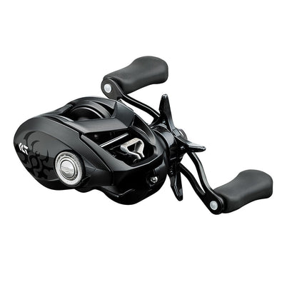 The Daiwa Tatula 80 Casting Reel 8.1:1 Left Hand (TTU80XHL) features ergonomic handles and a sleek design on a white background, highlighted by intricate side detailing and the T-Wing System from Daiwa, enhancing its modern look.