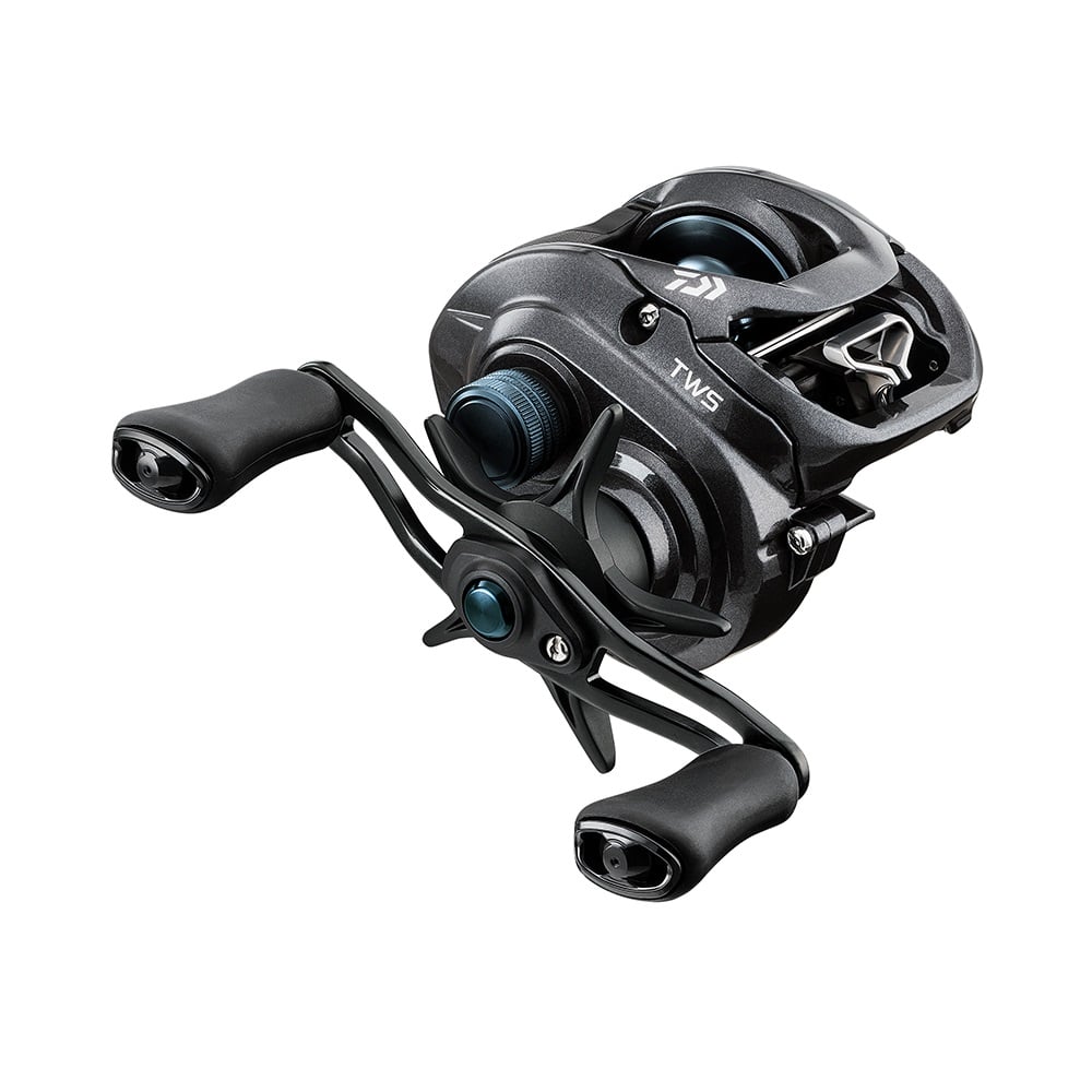 The black Daiwa Tatula CT 6.3:1 Casting Reel (TTUCT100H) is displayed on a white background, highlighting its sleek design with metallic and matte finishes, dual handles, the Magforce System, and "TWS" near the top.